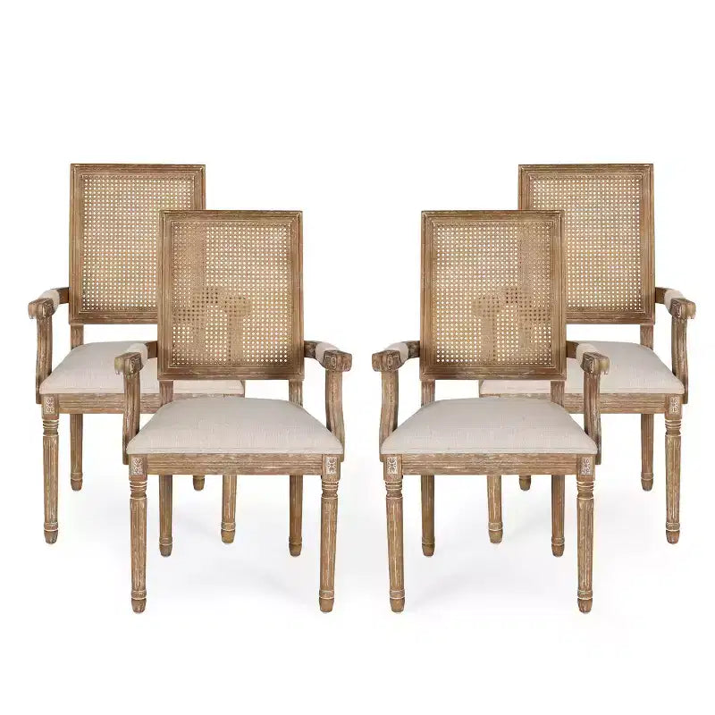 Lot de 4 chaises de salle à manger tapissées Maria en bois et rotin de style campagnard français - Christopher Knight Home