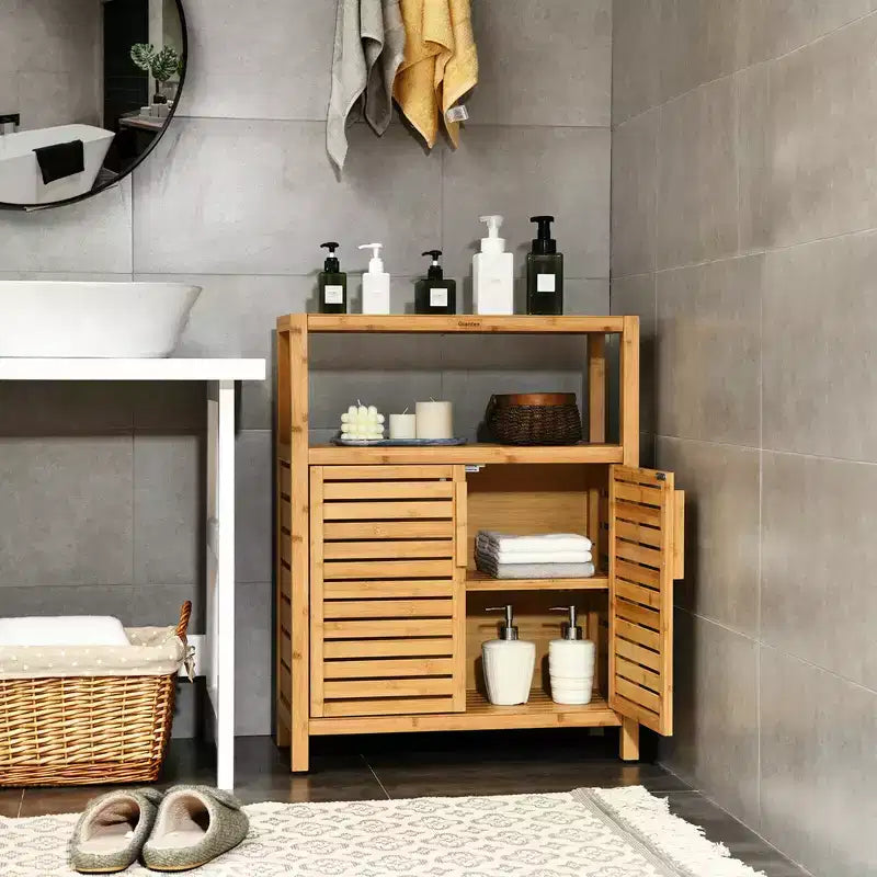 Meuble de rangement de salle de bain en bambou à deux portes Costway avec étagère ouverte