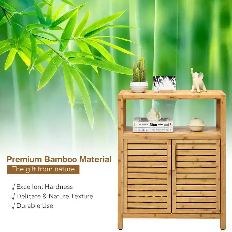 Meuble de rangement de salle de bain en bambou à deux portes Costway avec étagère ouverte