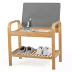 Banc à chaussures Costway en bambou avec siège rembourré et étagère de rangement, banc à chaussures avec siège rembourré