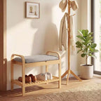 Banc à chaussures Costway en bambou avec siège rembourré et étagère de rangement, banc à chaussures avec siège rembourré