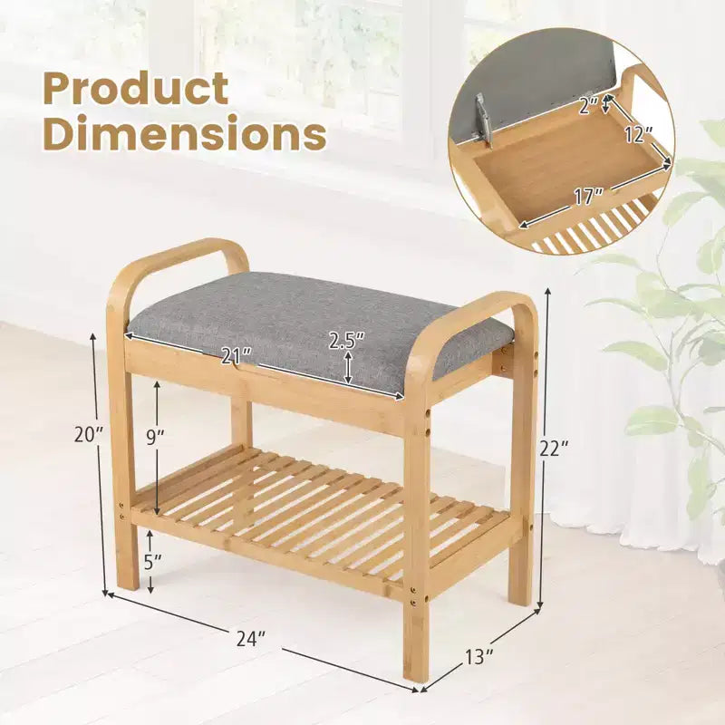 Banc à chaussures Costway en bambou avec siège rembourré et étagère de rangement, banc à chaussures avec siège rembourré