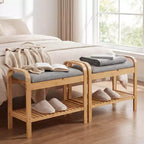 Banc à chaussures Costway en bambou avec siège rembourré et étagère de rangement, banc à chaussures avec siège rembourré