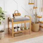 Banc à chaussures Costway en bambou avec siège rembourré et étagère de rangement, banc à chaussures avec siège rembourré