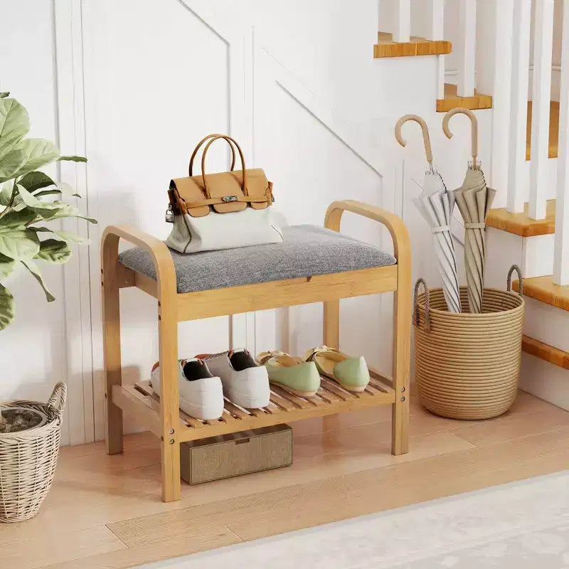 Banc à chaussures Costway en bambou avec siège rembourré et étagère de rangement, banc à chaussures avec siège rembourré