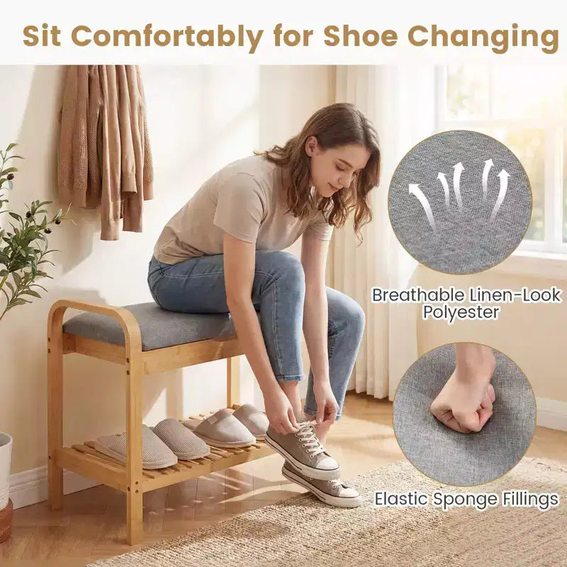 Banc à chaussures Costway en bambou avec siège rembourré et étagère de rangement, banc à chaussures avec siège rembourré
