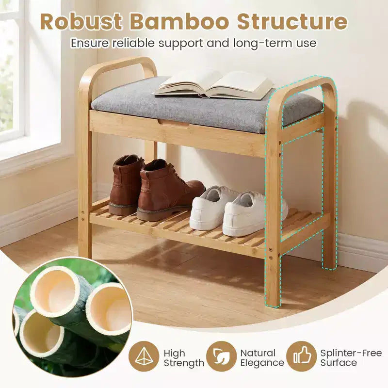 Banc à chaussures Costway en bambou avec siège rembourré et étagère de rangement, banc à chaussures avec siège rembourré