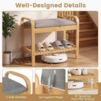 Banc à chaussures Costway en bambou avec siège rembourré et étagère de rangement, banc à chaussures avec siège rembourré