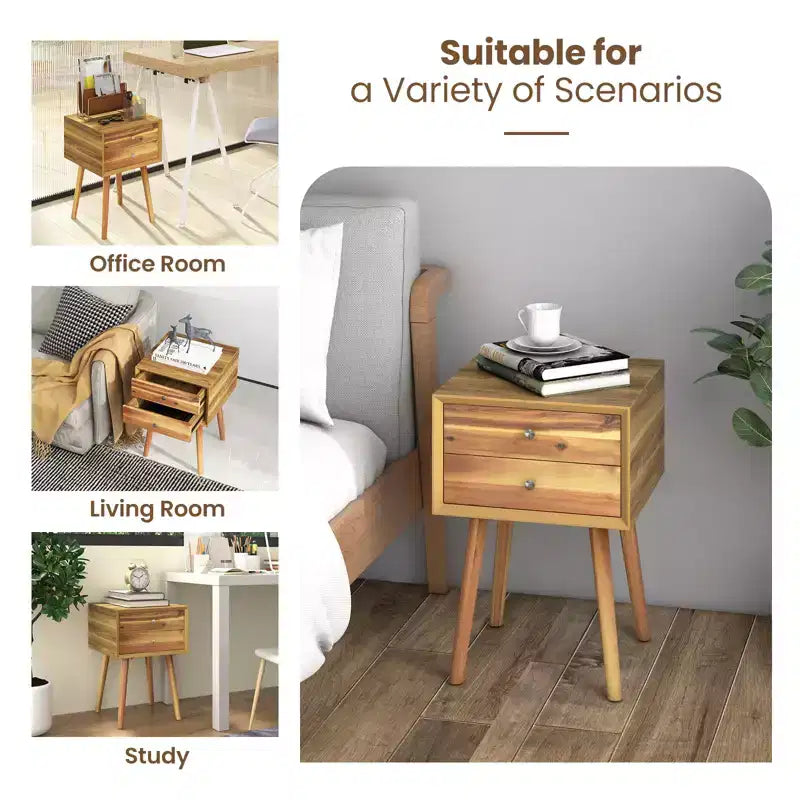 Costway Lot de 2 tables de chevet en bois de style Mid-Century avec 2 tiroirs de rangement