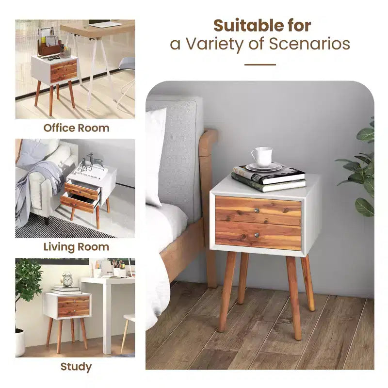 Costway Lot de 2 tables de chevet en bois de style Mid-Century avec 2 tiroirs de rangement