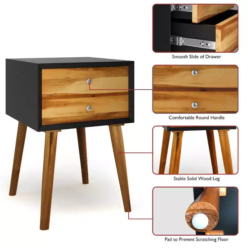 Costway Lot de 2 tables de chevet en bois de style Mid-Century avec 2 tiroirs de rangement