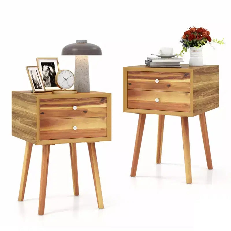 Costway Lot de 2 tables de chevet en bois de style Mid-Century avec 2 tiroirs de rangement