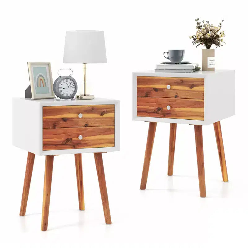 Costway Lot de 2 tables de chevet en bois de style Mid-Century avec 2 tiroirs de rangement