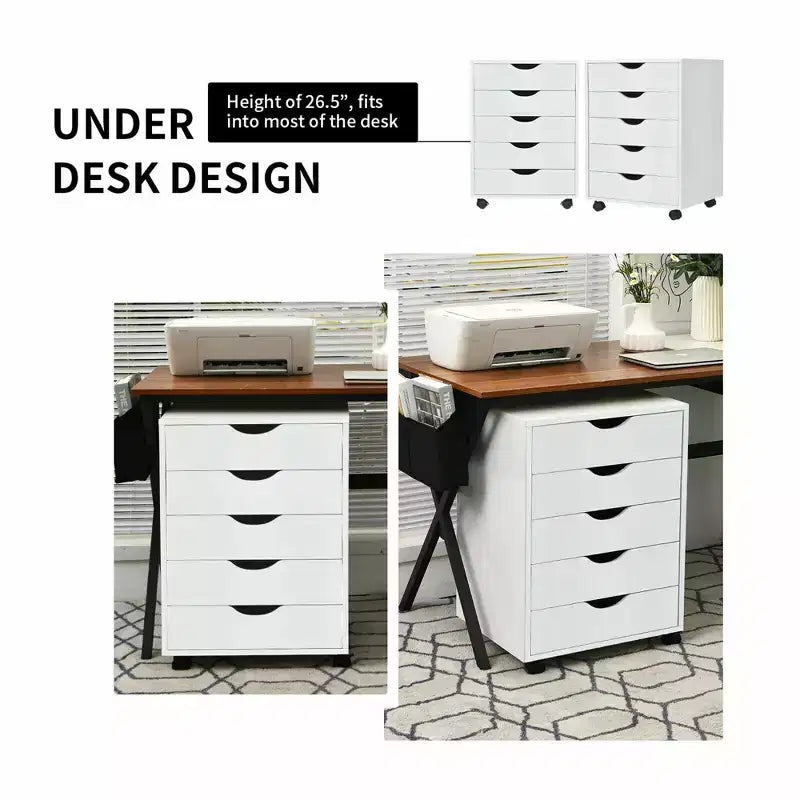 Costway Commode 5 tiroirs Meuble de rangement avec roulettes pour bureau à domicile Blanc