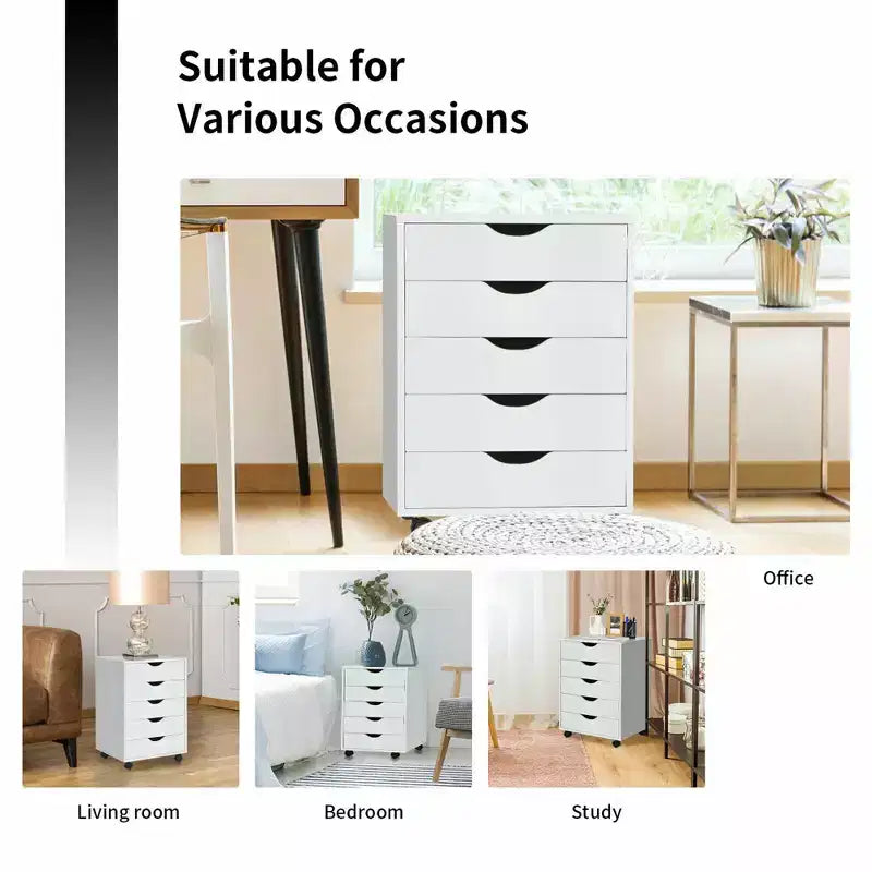 Costway Commode 5 tiroirs Meuble de rangement avec roulettes pour bureau à domicile Blanc