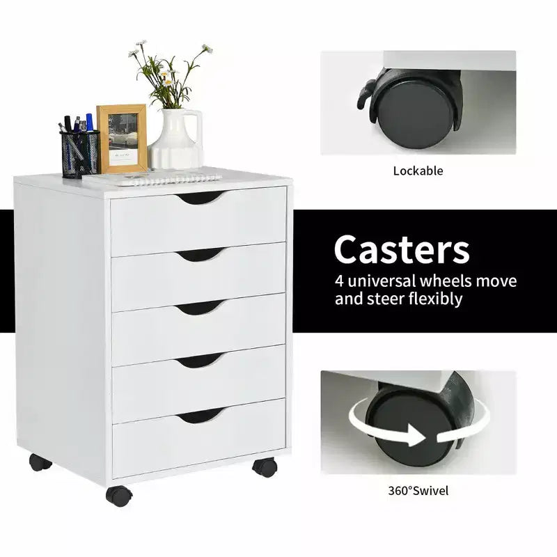 Costway Commode 5 tiroirs Meuble de rangement avec roulettes pour bureau à domicile Blanc