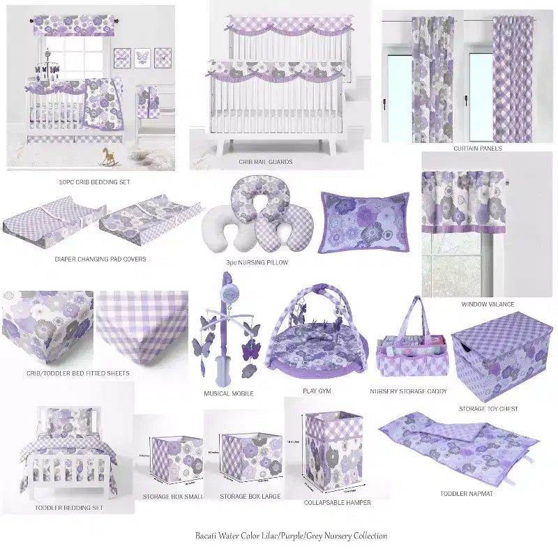 Bacati - Boîte/Fourre-tout de rangement en tissu lilas/gris à motif floral aquarelle, petite