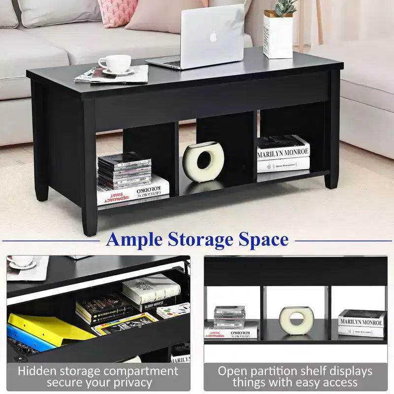 Table basse relevable Costway avec compartiment caché et étagères de rangement Noir