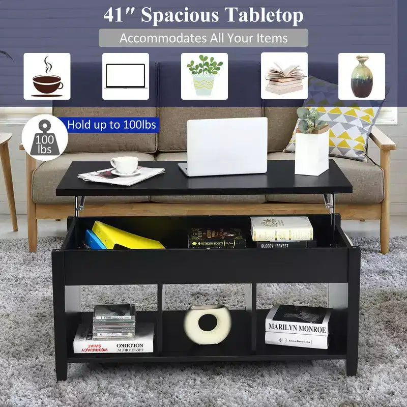 Table basse relevable Costway avec compartiment caché et étagères de rangement Noir