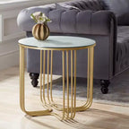 Studio 55D Yuri Table d'appoint ronde moderne en métal bronze, 61 cm de large, avec plateau en verre marbré doré pour salon, chambre, chevet, entrée