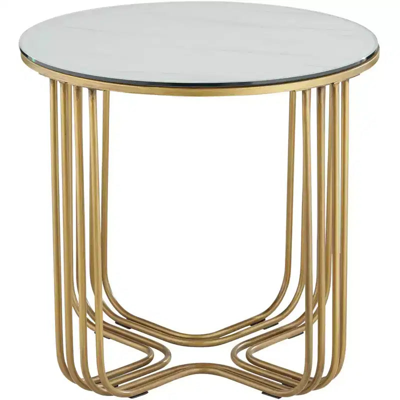 Studio 55D Yuri Table d'appoint ronde moderne en métal bronze, 61 cm de large, avec plateau en verre marbré doré pour salon, chambre, chevet, entrée