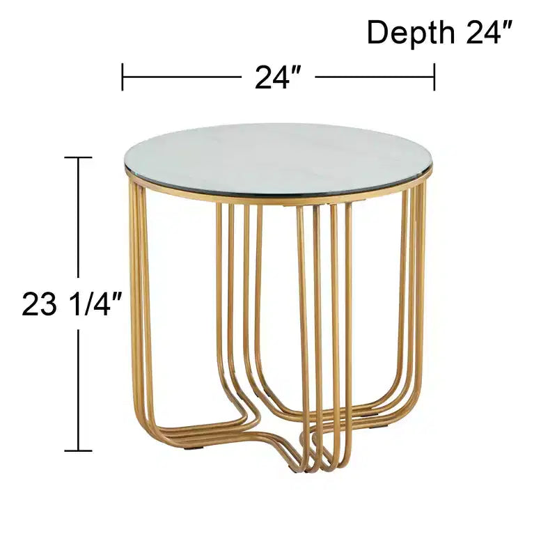 Studio 55D Yuri Table d'appoint ronde moderne en métal bronze, 61 cm de large, avec plateau en verre marbré doré pour salon, chambre, chevet, entrée