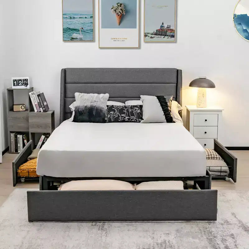 Costway Cadre de lit plateforme avec 3 tiroirs de rangement Sommier Gris