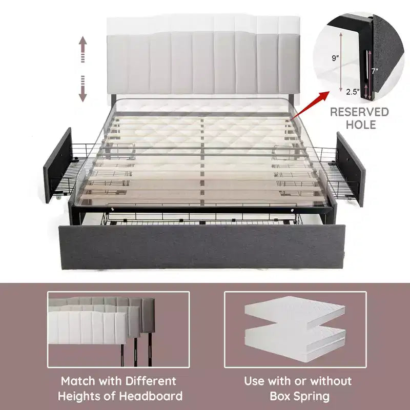 Costway Cadre de lit plateforme avec 3 tiroirs de rangement Sommier Gris