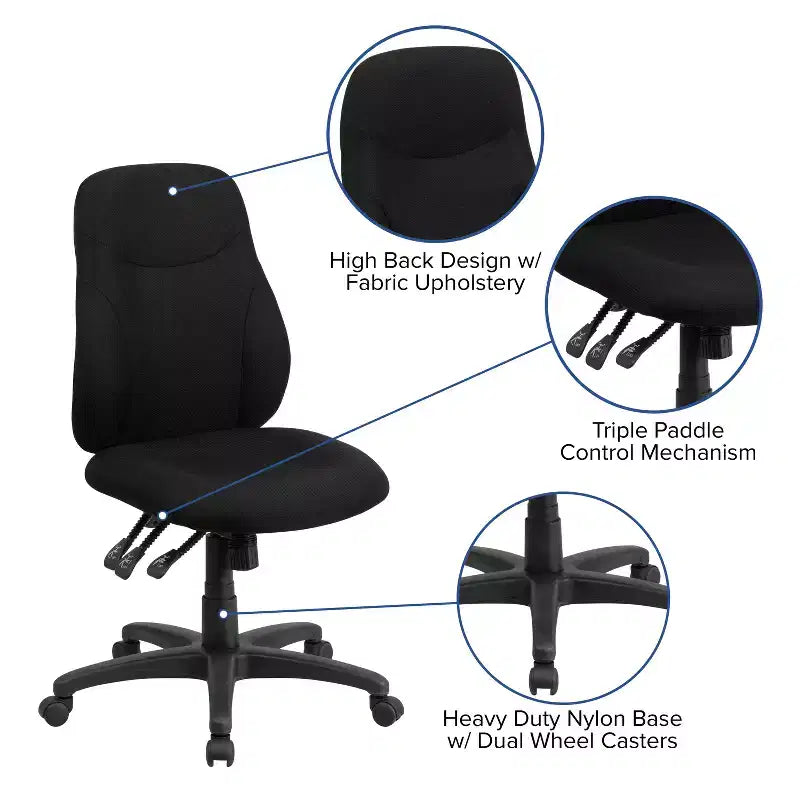 Chaise de Bureau Ergonomique Emma and Oliver en Tissu Noir Mi-Dossier avec Réglage du Dossier en 1.5 Positions
