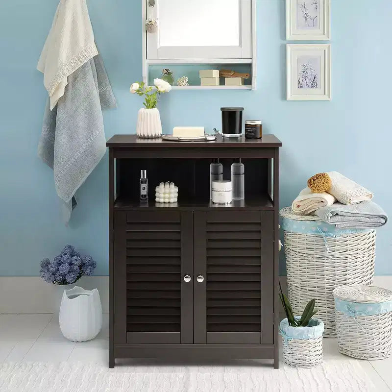 Meuble de Rangement pour Salle de Bain Costway avec Porte Double à Volets Café/Noir/Blanc