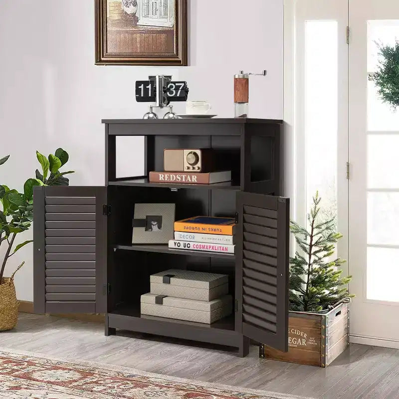 Meuble de Rangement pour Salle de Bain Costway avec Porte Double à Volets Café/Noir/Blanc
