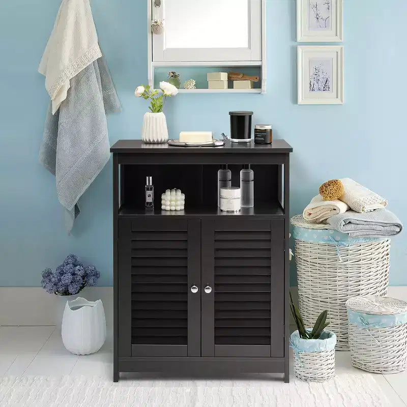 Meuble de Rangement pour Salle de Bain Costway avec Porte Double à Volets Café/Noir/Blanc