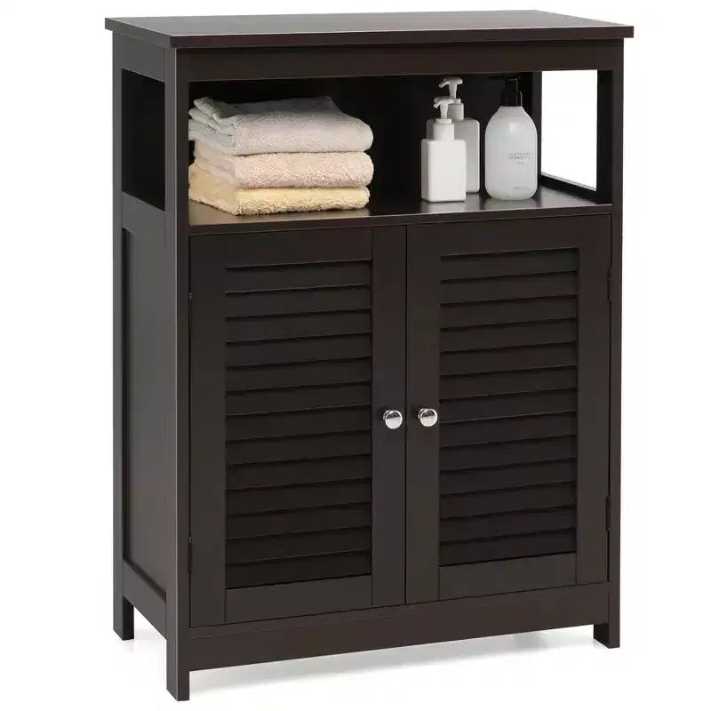 Meuble de Rangement pour Salle de Bain Costway avec Porte Double à Volets Café/Noir/Blanc