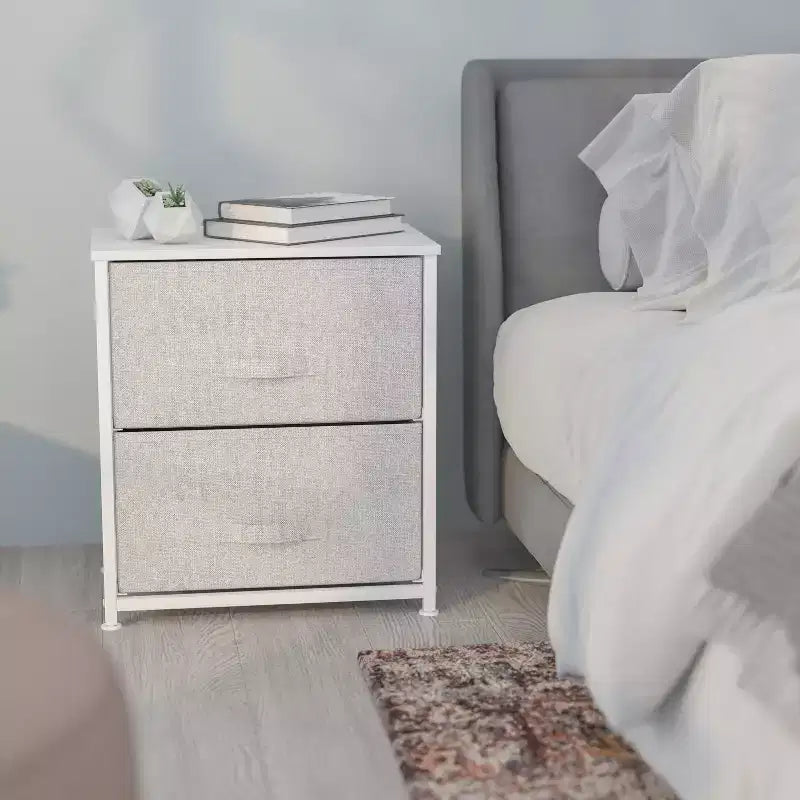 Meuble de rangement à 2 tiroirs Emma et Oliver avec plateau en bois et tiroirs en tissu foncé