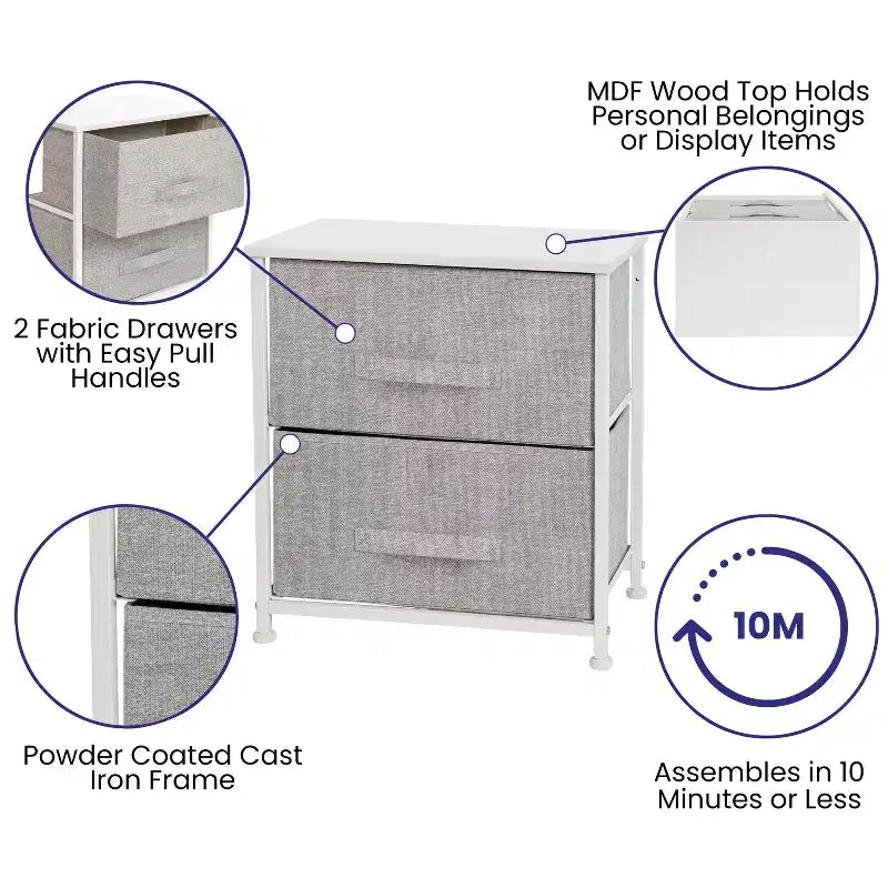 Meuble de rangement à 2 tiroirs Emma et Oliver avec plateau en bois et tiroirs en tissu foncé