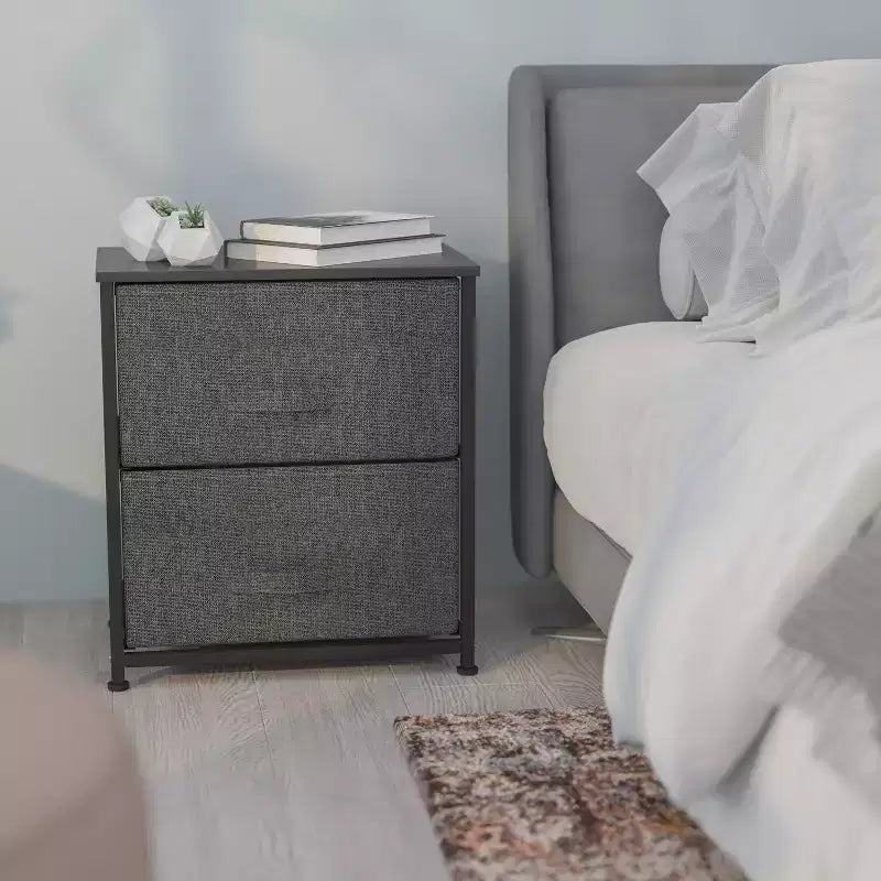 Meuble de rangement à 2 tiroirs Emma et Oliver avec plateau en bois et tiroirs en tissu foncé