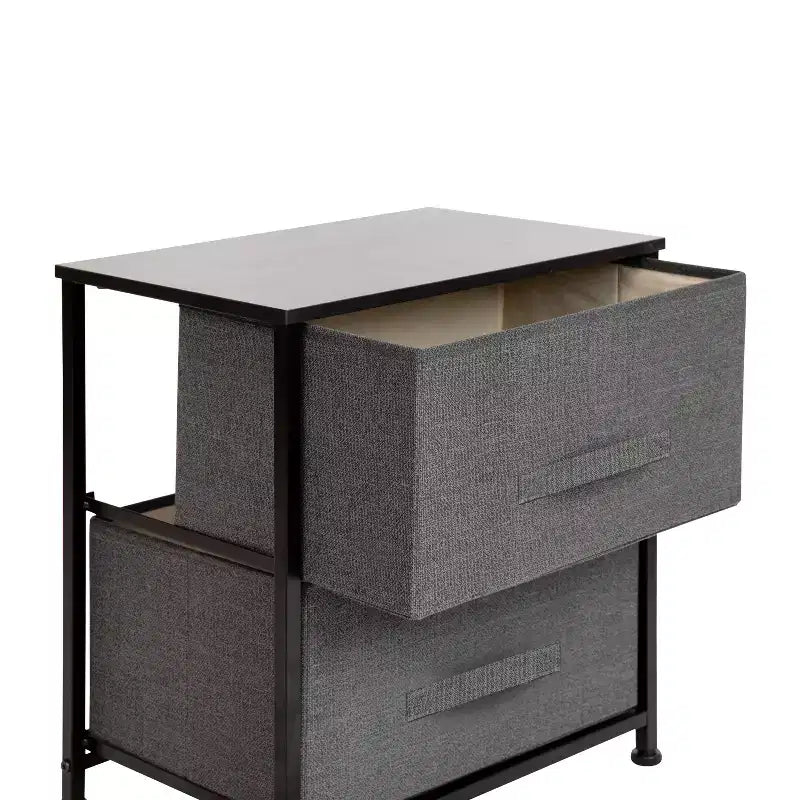 Meuble de rangement à 2 tiroirs Emma et Oliver avec plateau en bois et tiroirs en tissu foncé