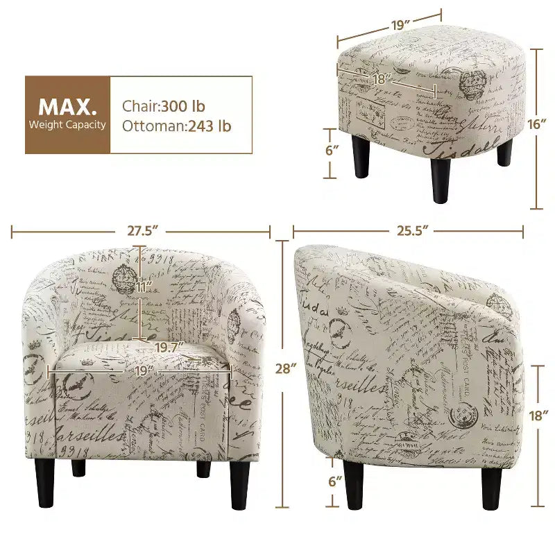 Yaheetech Ensemble fauteuil d'appoint/fauteuil crapaud et ottoman en tissu pour salon