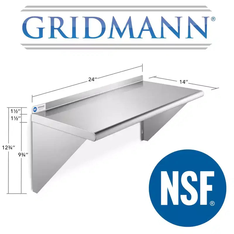 Étagères murales de cuisine en acier inoxydable GRIDMANN 14 pouces de profondeur avec dosseret - Certifié NSF