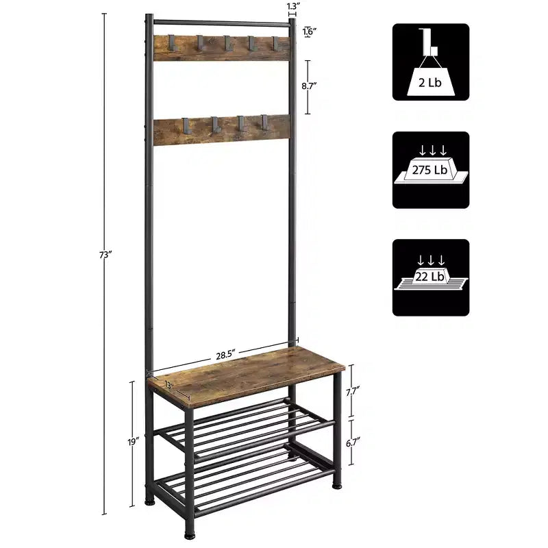 Yaheetech 73H Meuble d'entrée en métal avec banc de rangement pour chaussures Porte-manteau avec 9 crochets mobiles, Porte-manteau d'entrée