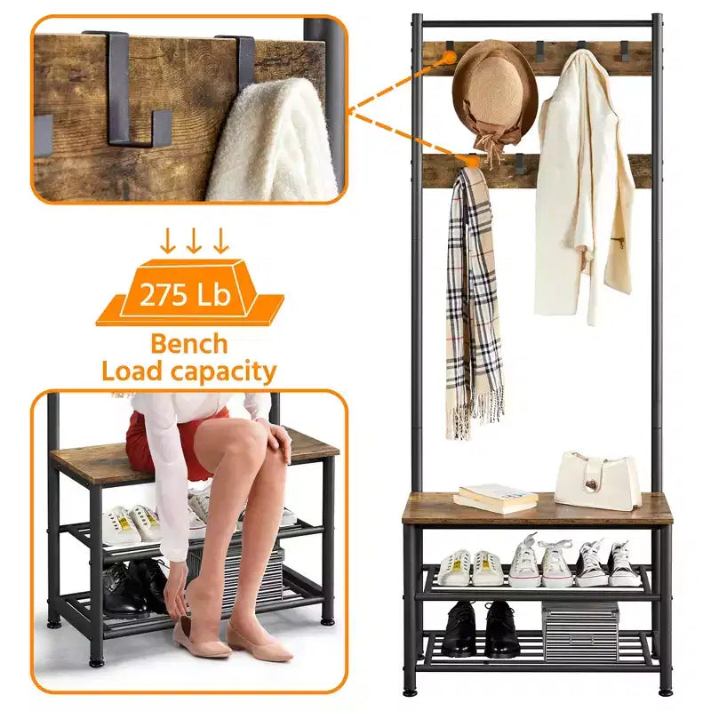 Yaheetech 73H Meuble d'entrée en métal avec banc de rangement pour chaussures Porte-manteau avec 9 crochets mobiles, Porte-manteau d'entrée