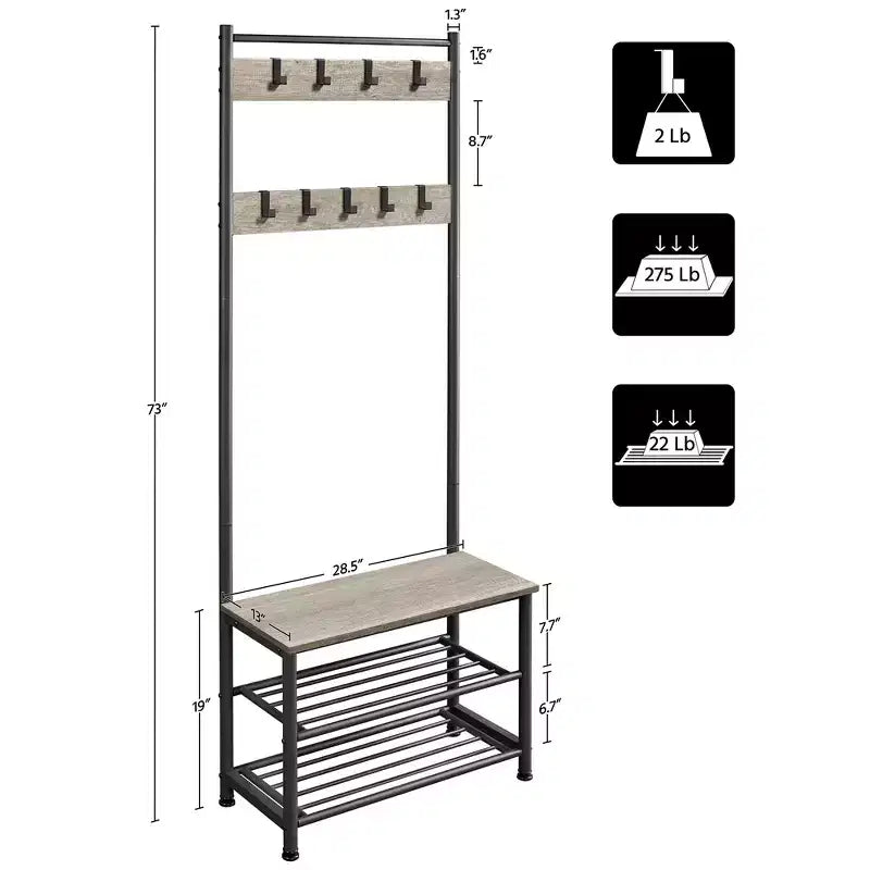 Yaheetech 73H Meuble d'entrée en métal avec banc de rangement pour chaussures Porte-manteau avec 9 crochets mobiles, Porte-manteau d'entrée
