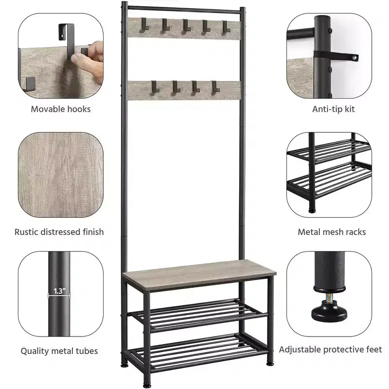 Yaheetech 73H Meuble d'entrée en métal avec banc de rangement pour chaussures Porte-manteau avec 9 crochets mobiles, Porte-manteau d'entrée