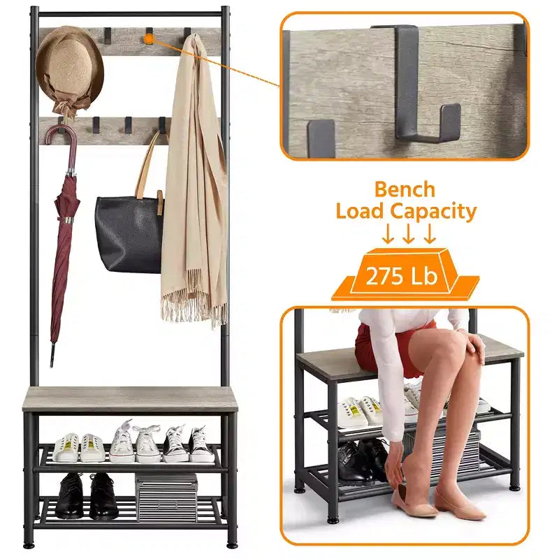Yaheetech 73H Meuble d'entrée en métal avec banc de rangement pour chaussures Porte-manteau avec 9 crochets mobiles, Porte-manteau d'entrée