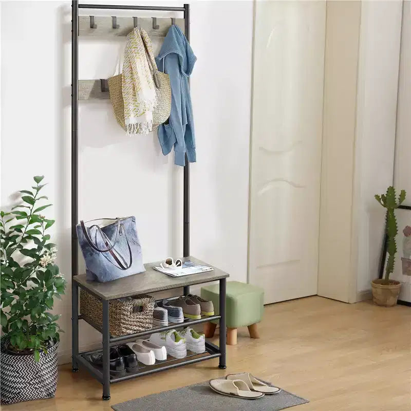 Yaheetech 73H Meuble d'entrée en métal avec banc de rangement pour chaussures Porte-manteau avec 9 crochets mobiles, Porte-manteau d'entrée