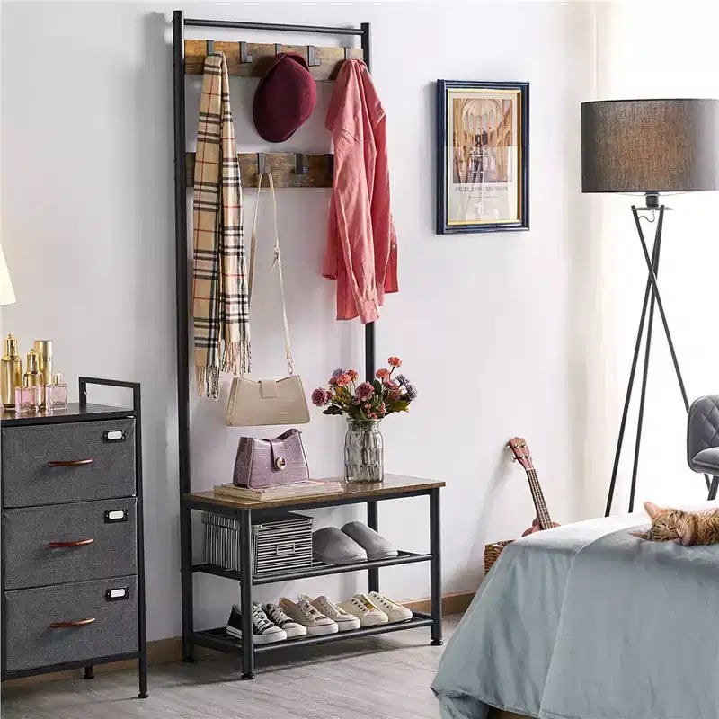 Yaheetech 73H Meuble d'entrée en métal avec banc de rangement pour chaussures Porte-manteau avec 9 crochets mobiles, Porte-manteau d'entrée