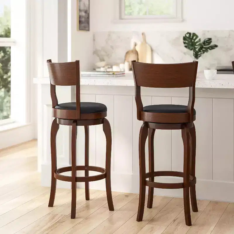 Tabouret de bar pivotant Merrick Lane 30 en bois classique à dossier ouvert avec siège rembourré et repose-pieds intégré