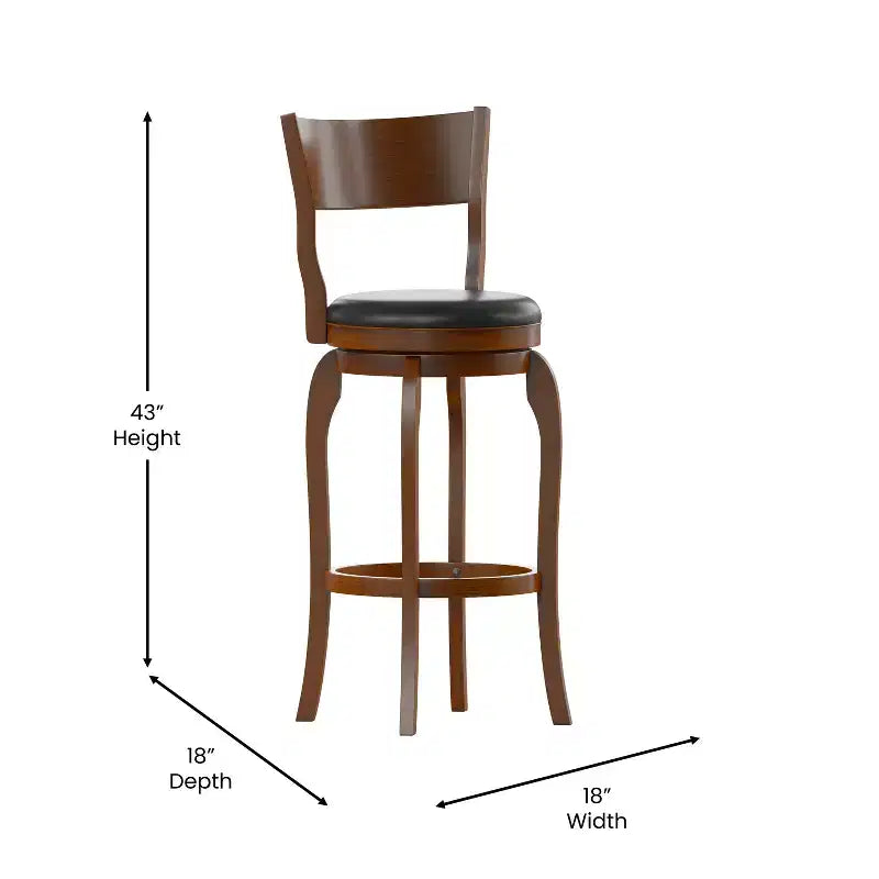 Tabouret de bar pivotant Merrick Lane 30 en bois classique à dossier ouvert avec siège rembourré et repose-pieds intégré