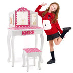 Costway Coiffeuse Enfant avec Tabouret Miroir Triple Pliage Motif à Pois Rose