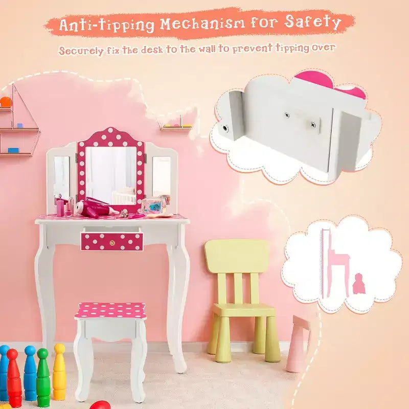 Costway Coiffeuse Enfant avec Tabouret Miroir Triple Pliage Motif à Pois Rose